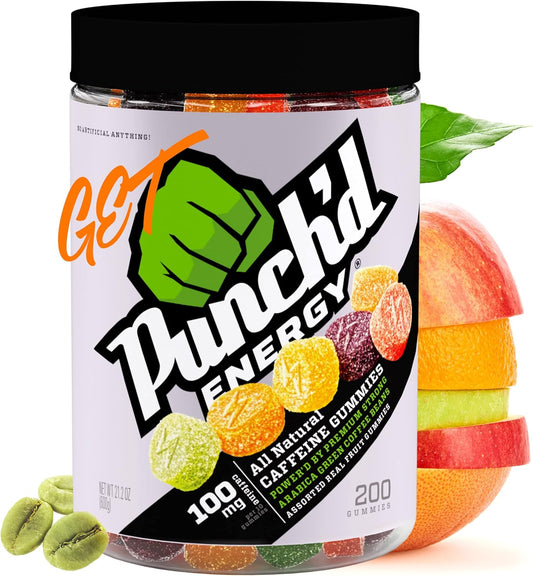 200 Count Value Jar of Punch'd Energy Natural Caffeine Gummies - 100mg Caffeine, Clean Label, Low Glycemic, Low Calorie, Vitamin C