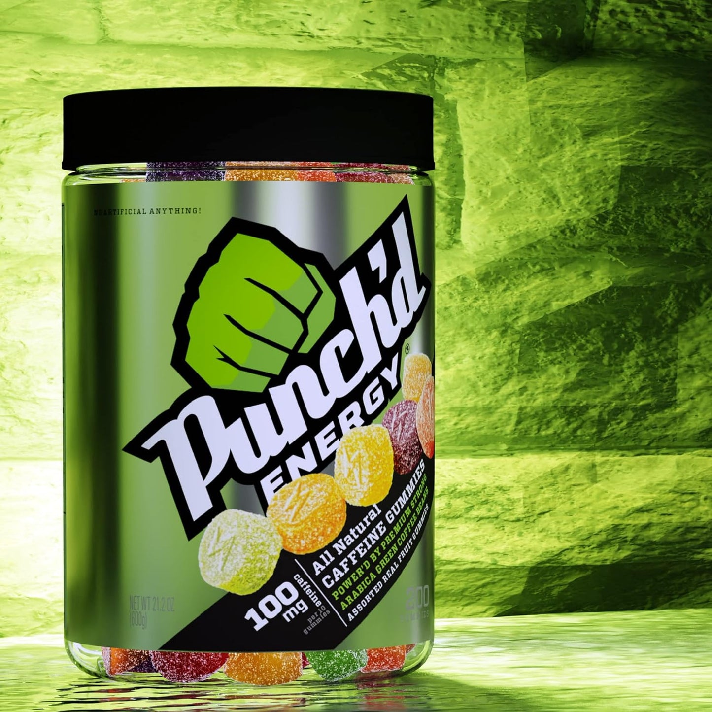 200 Count Value Jar of Punch'd Energy Natural Caffeine Gummies - 100mg Caffeine, Clean Label, Low Glycemic, Low Calorie, Vitamin C
