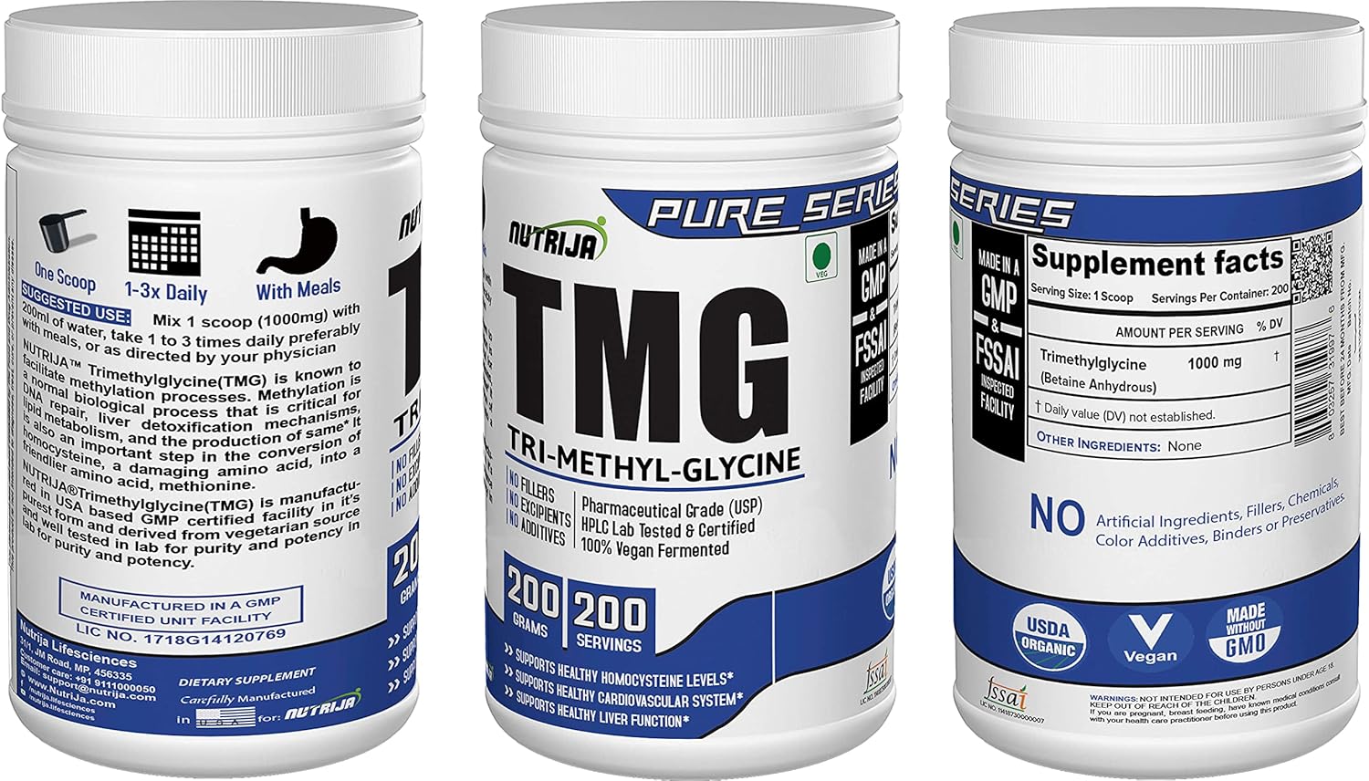 200 Grams of NutriJa Betaine Anhydrous (TMG) - Trimethylglycine Supplement