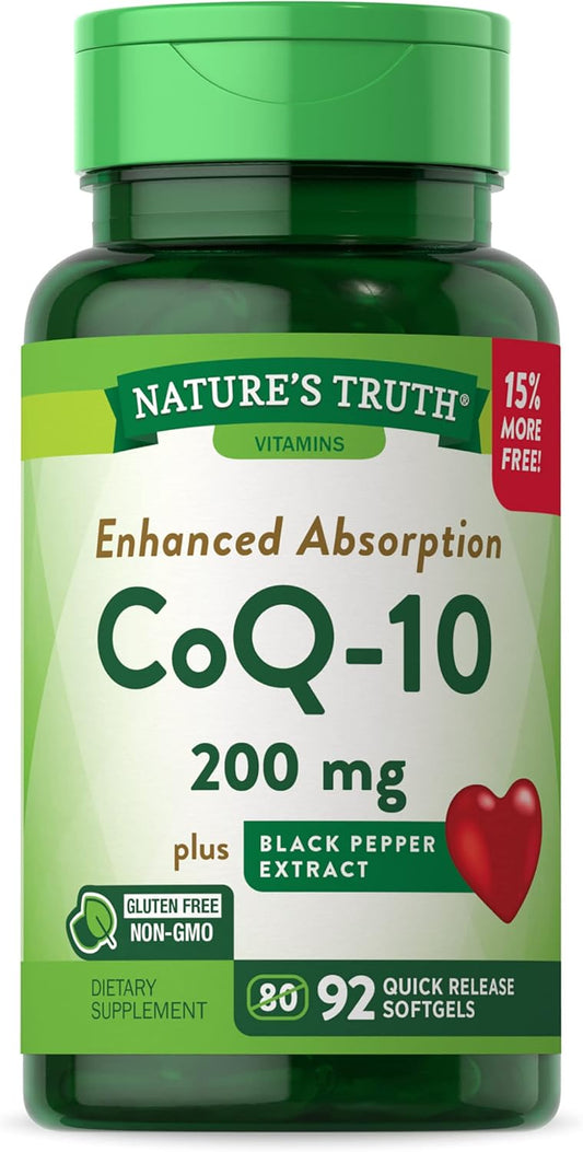 200 mg CoQ10 Softgels with Black Pepper Extract - 92 Count, Non-GMO & Gluten Free for Enhanced Absorption