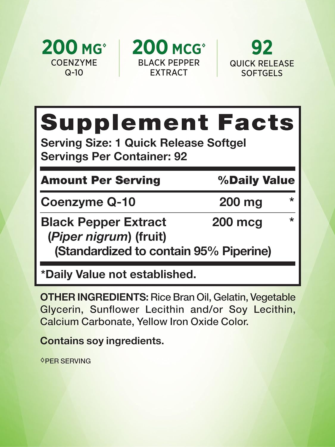 200 mg CoQ10 Softgels with Black Pepper Extract - 92 Count, Non-GMO & Gluten Free for Enhanced Absorption