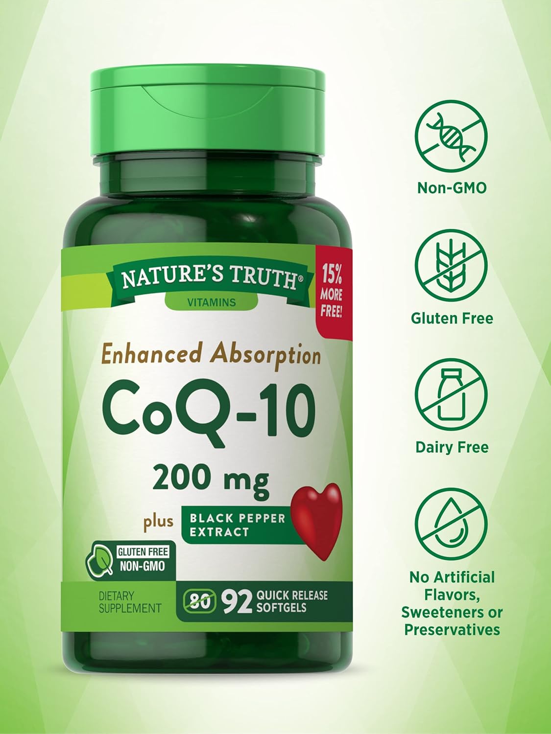 200 mg CoQ10 Softgels with Black Pepper Extract - 92 Count, Non-GMO & Gluten Free for Enhanced Absorption