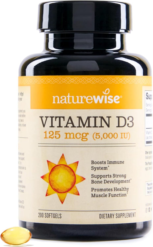 200 Mini Softgel NatureWise Vitamin D3 5000iu (125 mcg) for Immune Support, Muscle Function & Bone Health - Non-GMO, Gluten Free, Organic Olive Oil - 200-Day Supply