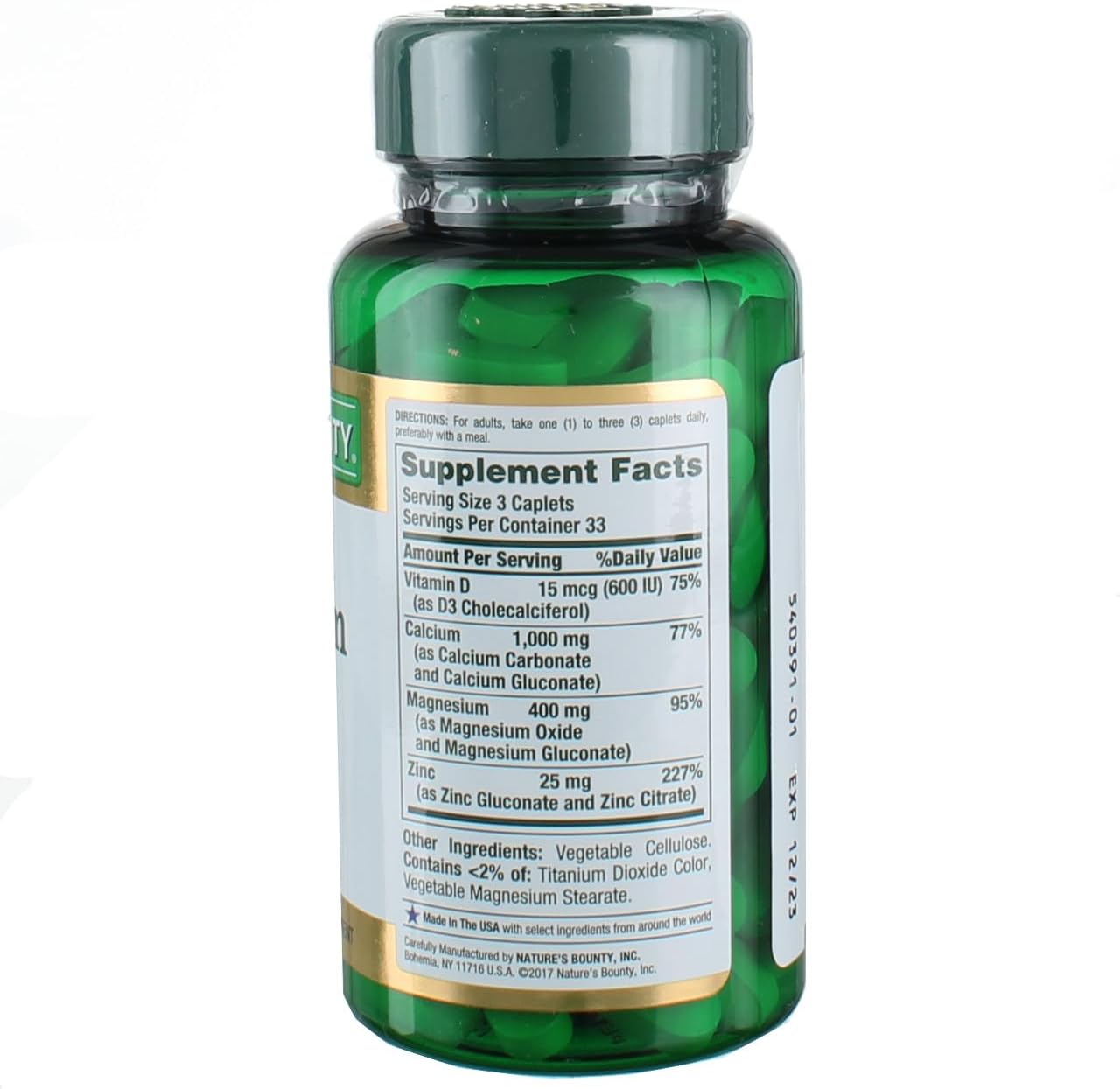 200 Nature's Bounty Calcium Magnesium Zinc Caplets - 2 Bottles of 100 Count - Supplement for Bone Health and Immune Support