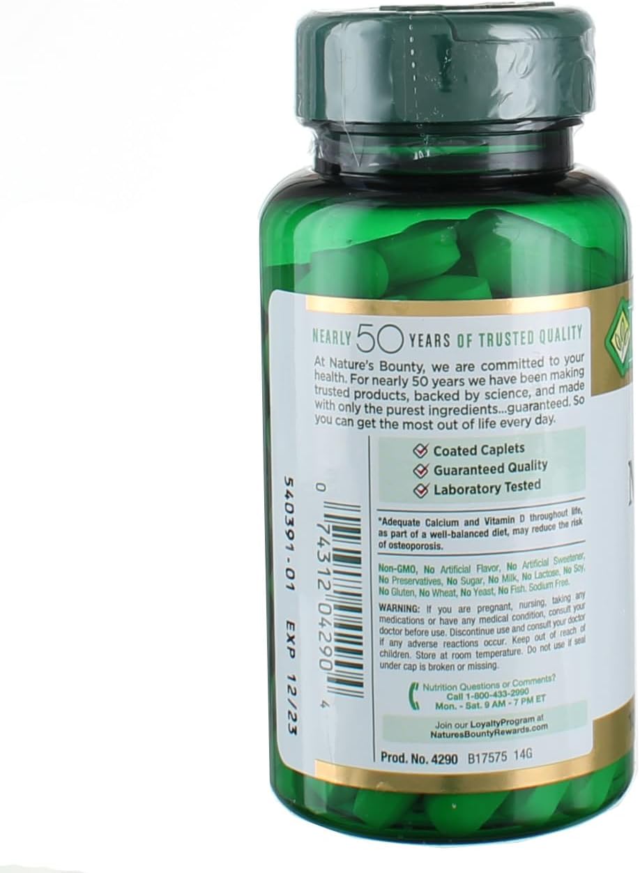 200 Nature's Bounty Calcium Magnesium Zinc Caplets - 2 Bottles of 100 Count - Supplement for Bone Health and Immune Support