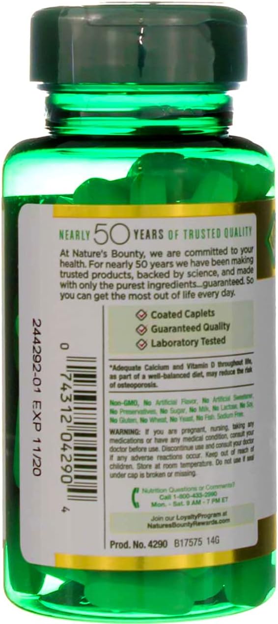 200 Nature's Bounty Calcium Magnesium Zinc Caplets - 2 Bottles of 100 Count - Supplement for Bone Health and Immune Support