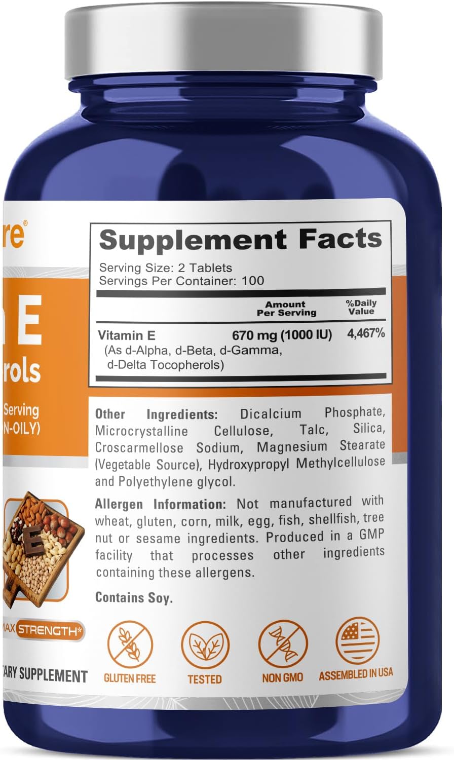 200 Non-GMO, Gluten-Free Vitamin E Tablets - 1000 IU Mixed Tocopherols by NusaPure
