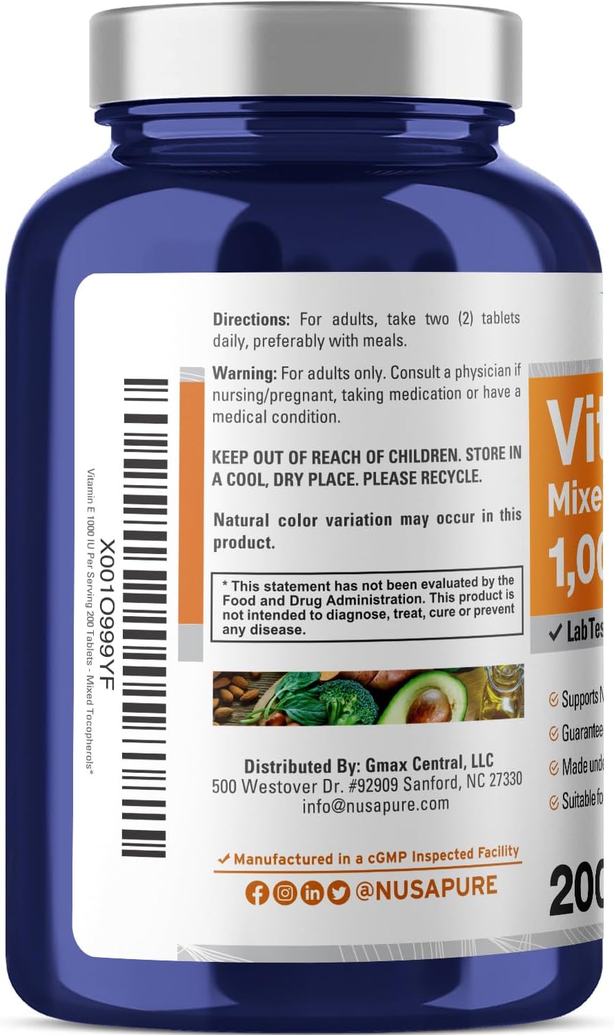 200 Non-GMO, Gluten-Free Vitamin E Tablets - 1000 IU Mixed Tocopherols by NusaPure