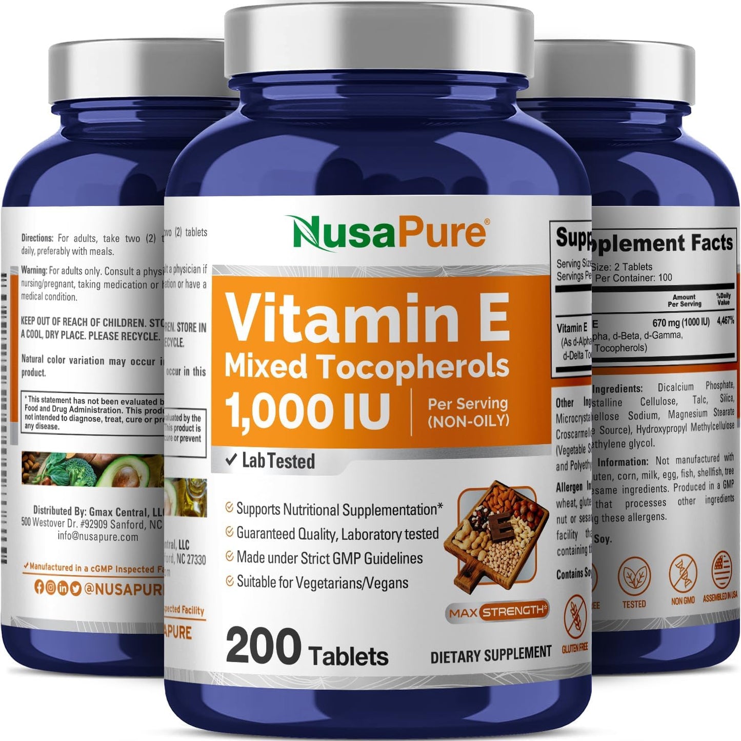 200 Non-GMO, Gluten-Free Vitamin E Tablets - 1000 IU Mixed Tocopherols by NusaPure