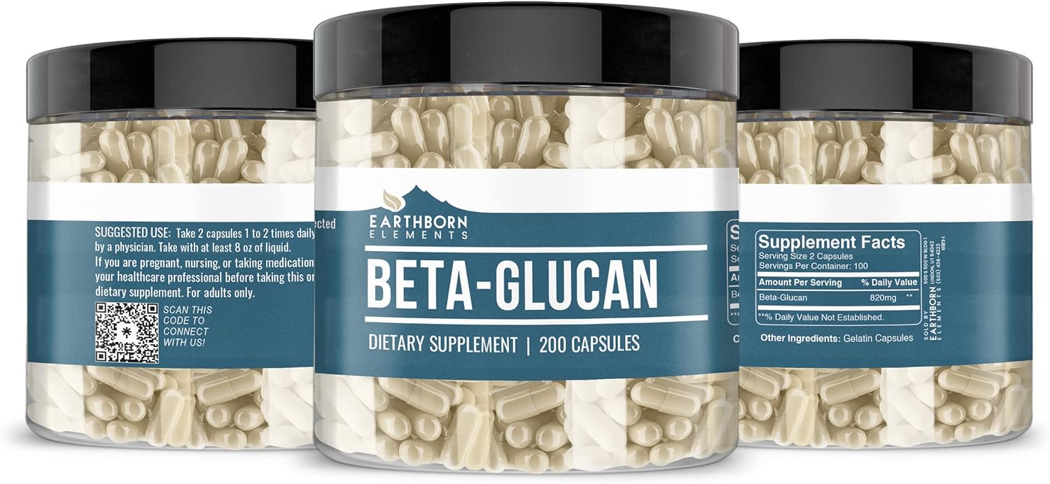 200 Pure & Undiluted Beta Glucan Capsules by Earthborn Elements - Additive-Free