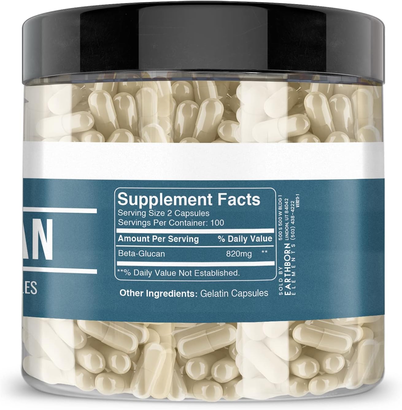 200 Pure & Undiluted Beta Glucan Capsules by Earthborn Elements - Additive-Free