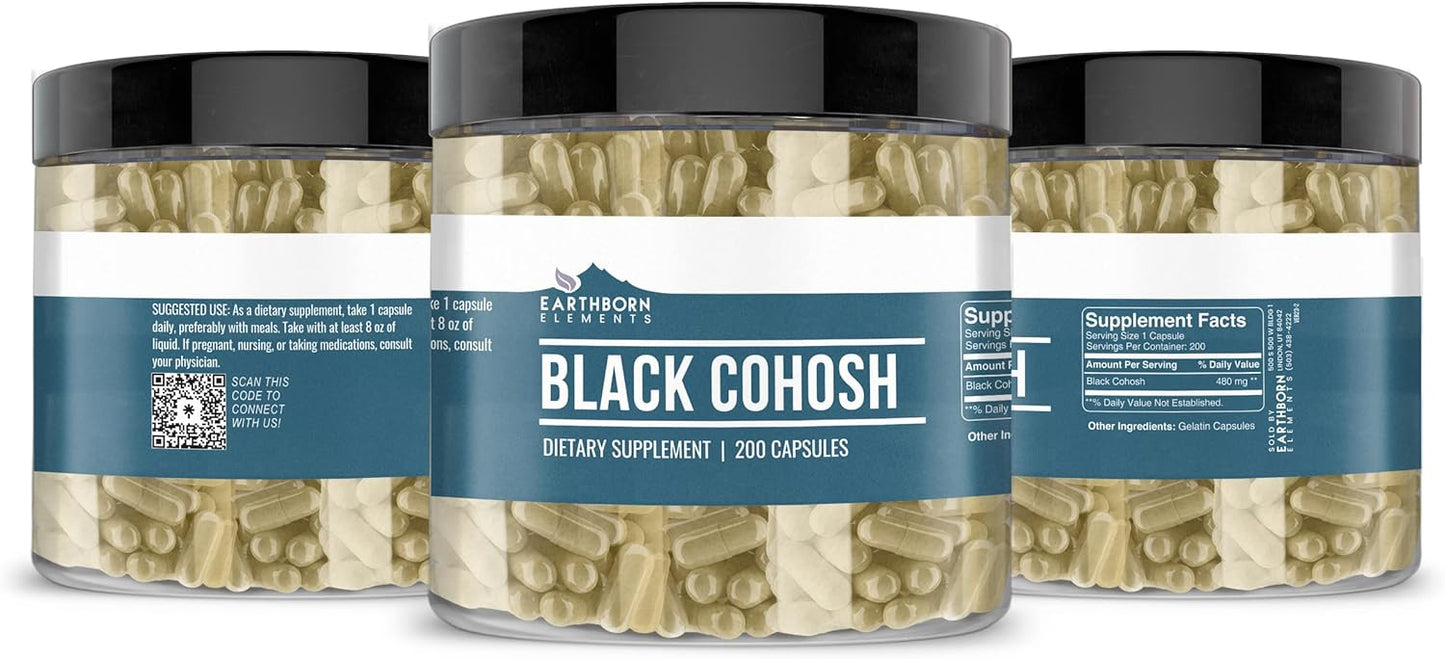 200 Pure & Undiluted Black Cohosh Capsules by Earthborn Elements - Additive-Free Formula