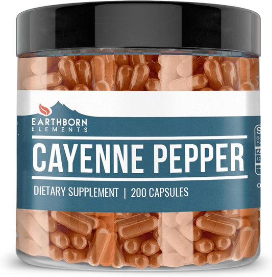200 Pure & Undiluted Cayenne Pepper Capsules by Earthborn Elements - Additive-Free Formula