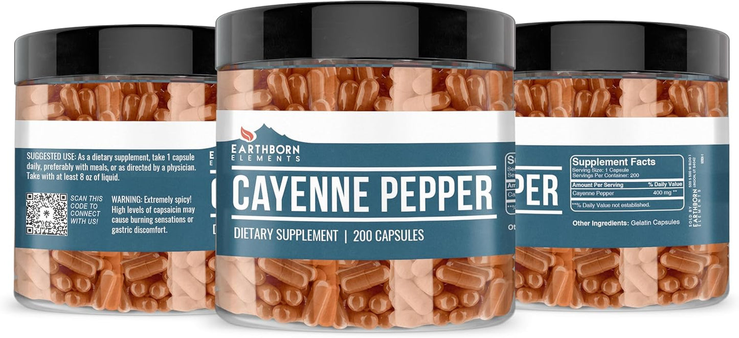 200 Pure & Undiluted Cayenne Pepper Capsules by Earthborn Elements - Additive-Free Formula