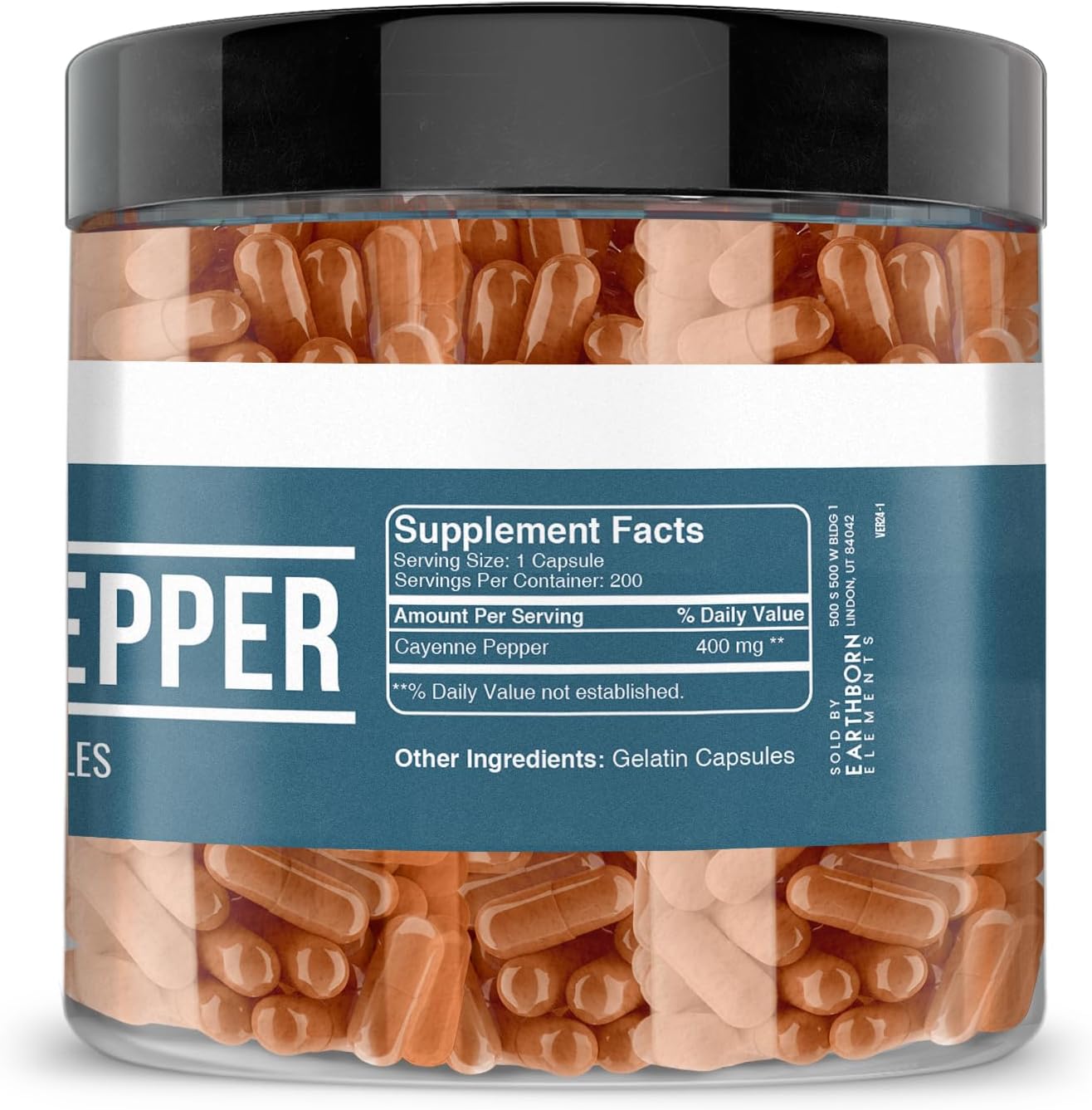 200 Pure & Undiluted Cayenne Pepper Capsules by Earthborn Elements - Additive-Free Formula