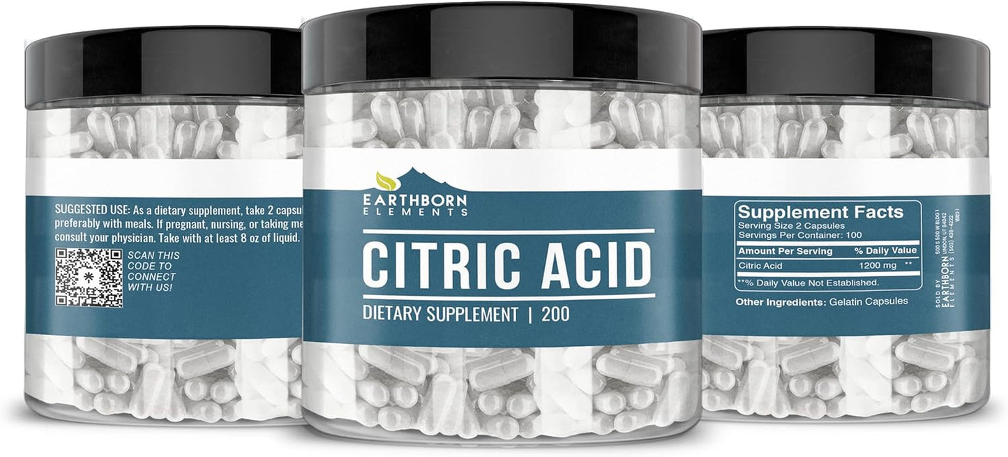 200 Pure & Undiluted Citric Acid Capsules by Earthborn Elements - No Additives