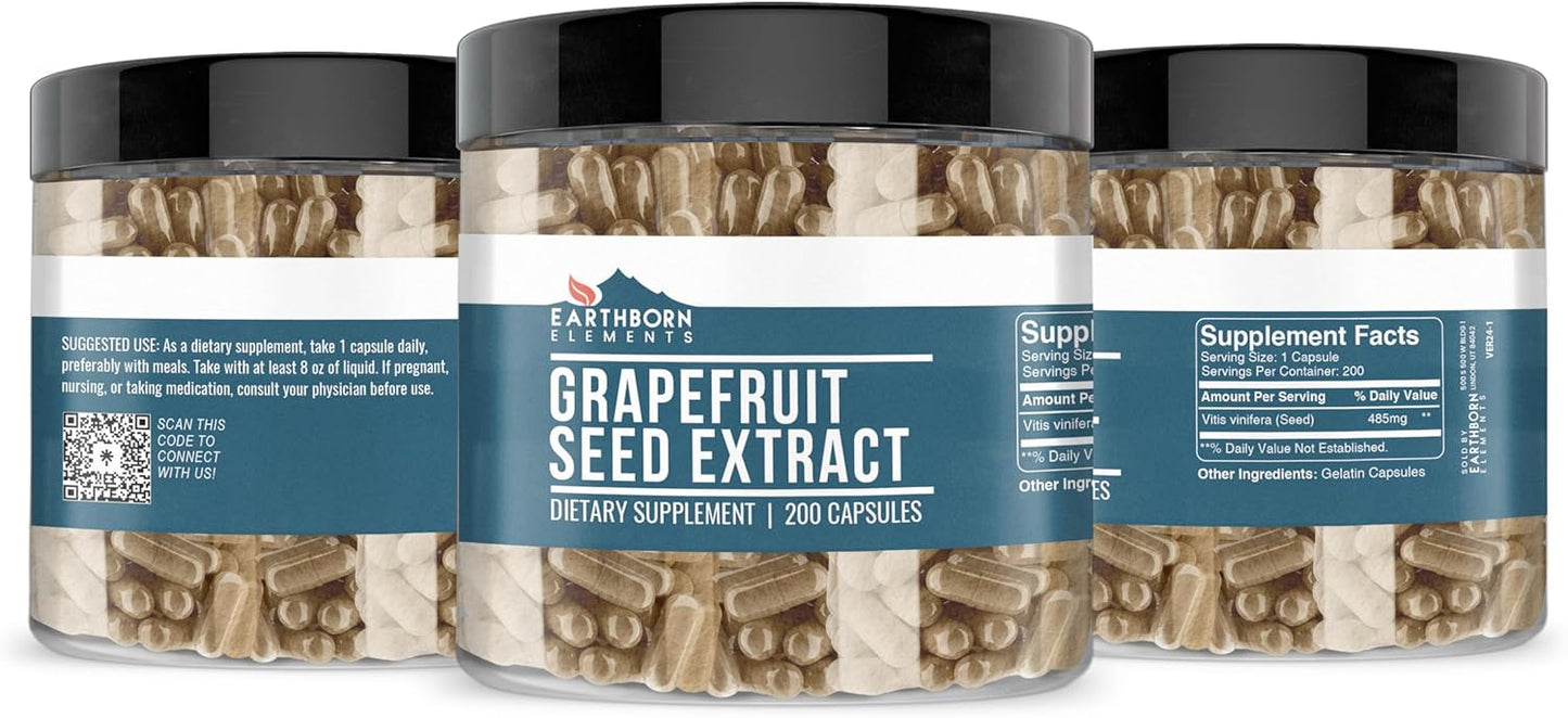 200 Pure & Undiluted Grapefruit Seed Extract Capsules by Earthborn Elements - No Additives, Natural Supplement