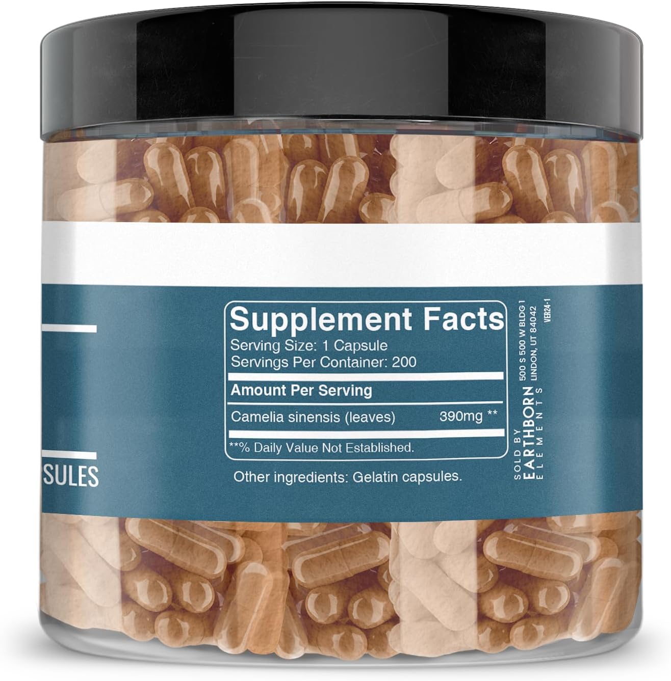 200 Pure & Undiluted Green Tea Extract Capsules by Earthborn Elements - Additive-Free