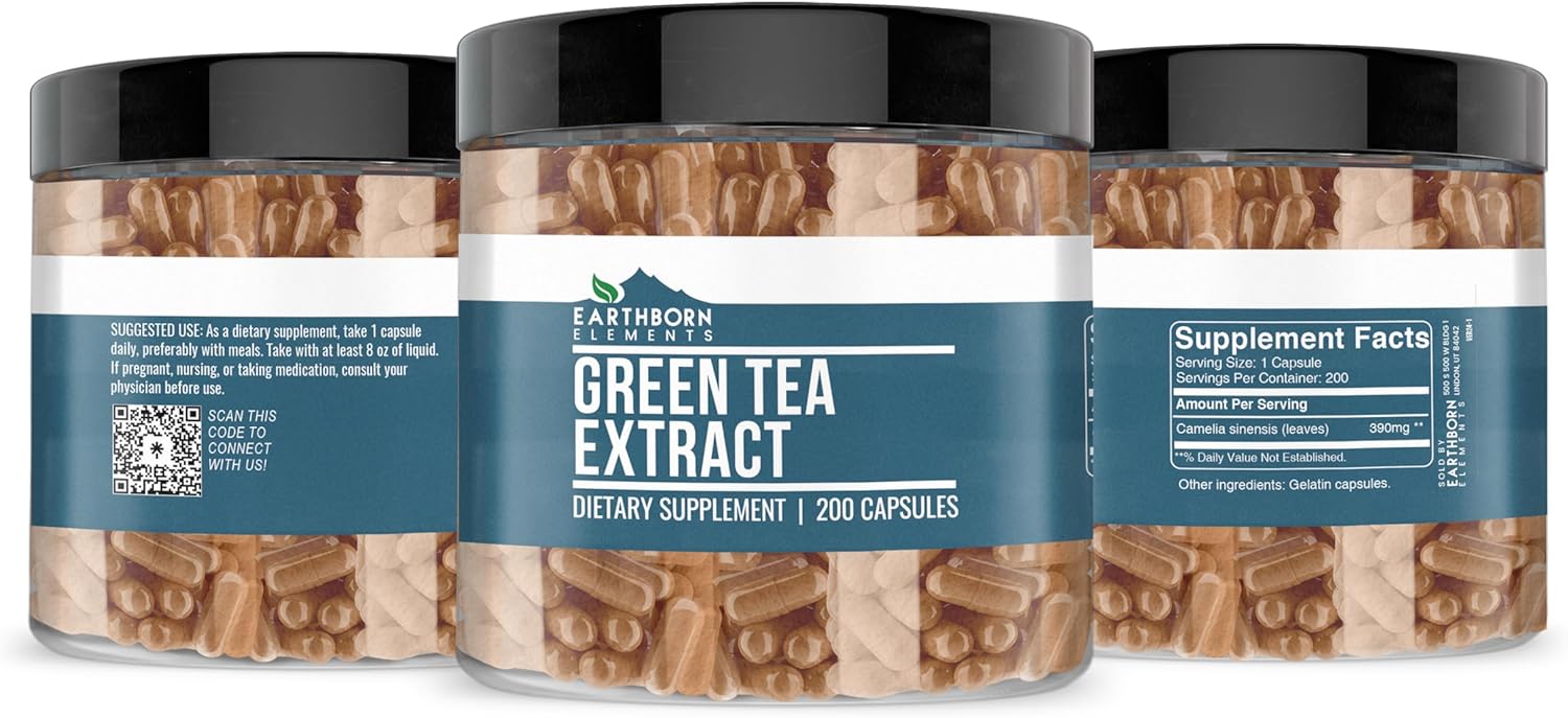 200 Pure & Undiluted Green Tea Extract Capsules by Earthborn Elements - Additive-Free