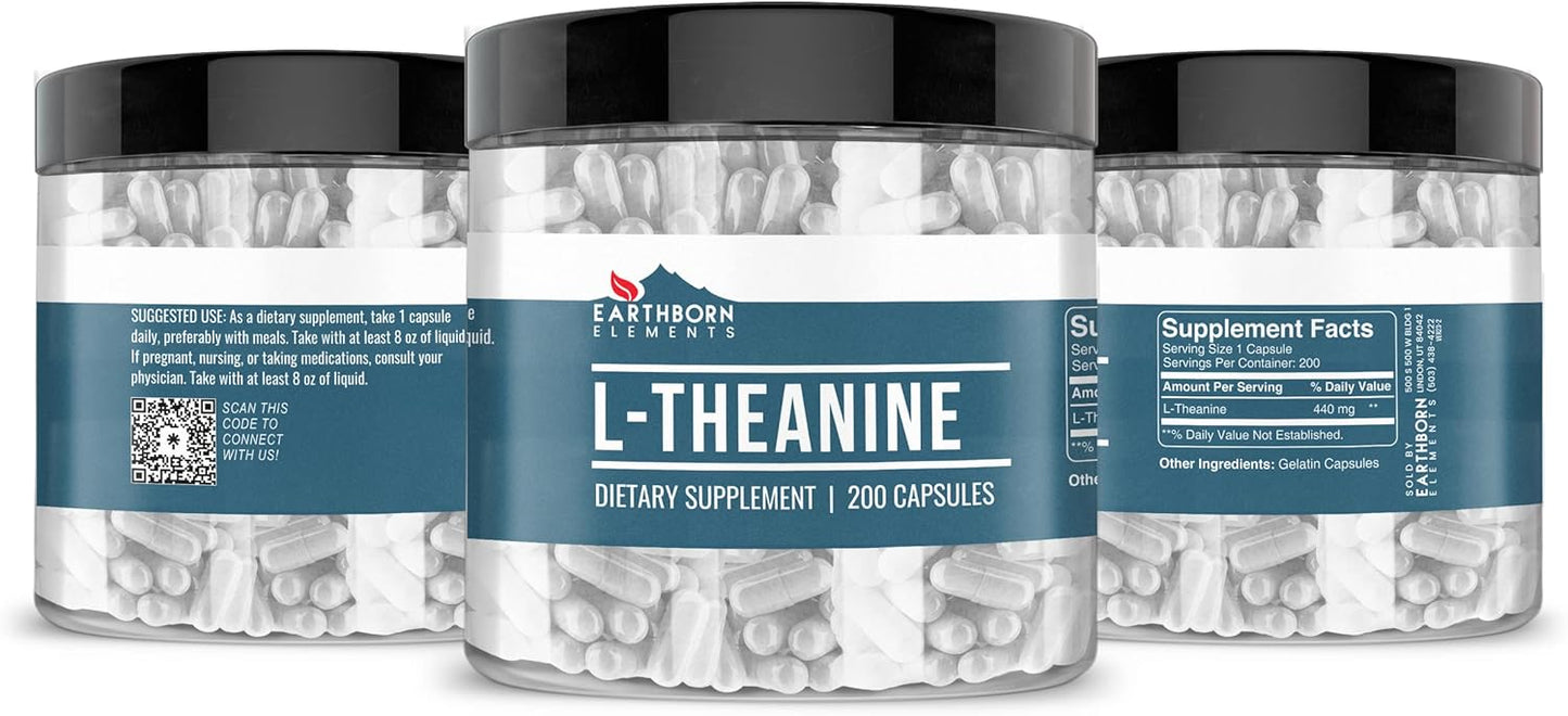 200 Pure & Undiluted L-Theanine Capsules by Earthborn Elements, Additive-Free