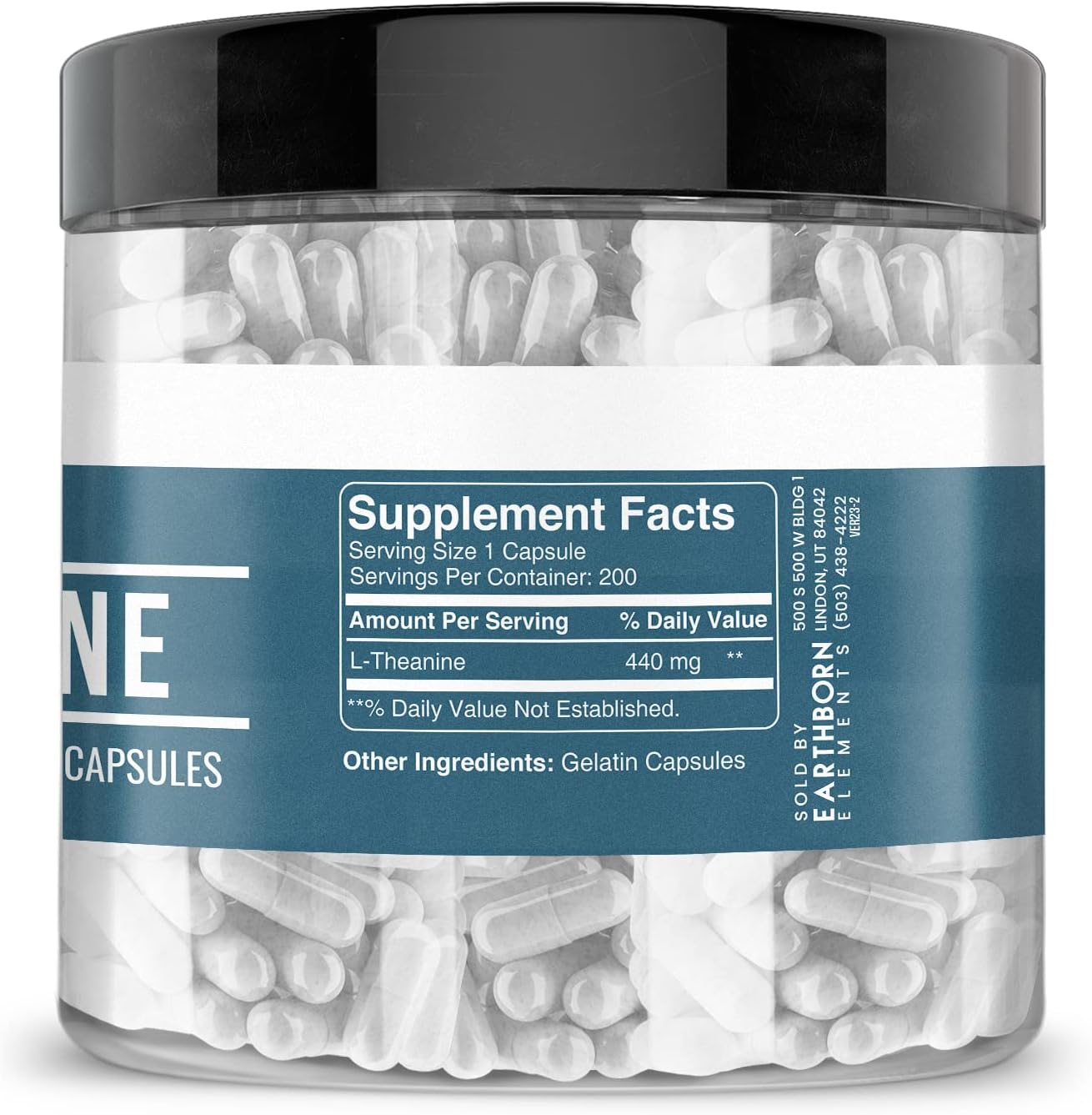 200 Pure & Undiluted L-Theanine Capsules by Earthborn Elements, Additive-Free