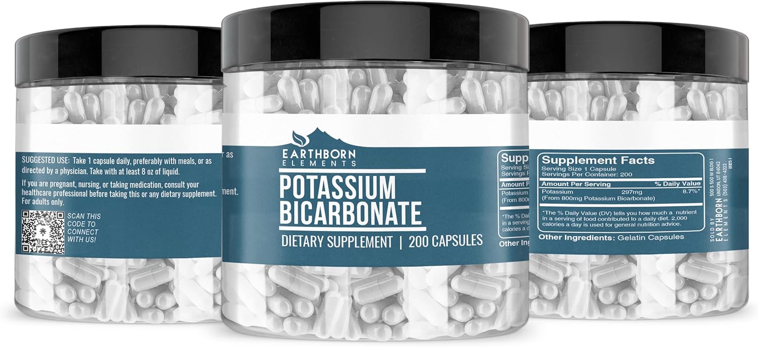 200 Pure & Undiluted Potassium Bicarbonate Capsules by Earthborn Elements - No Additives Included