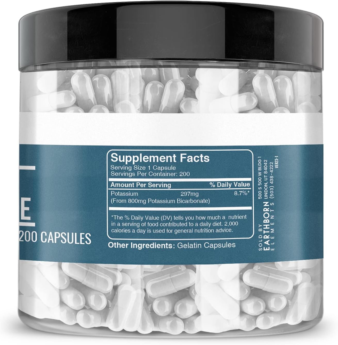 200 Pure & Undiluted Potassium Bicarbonate Capsules by Earthborn Elements - No Additives Included
