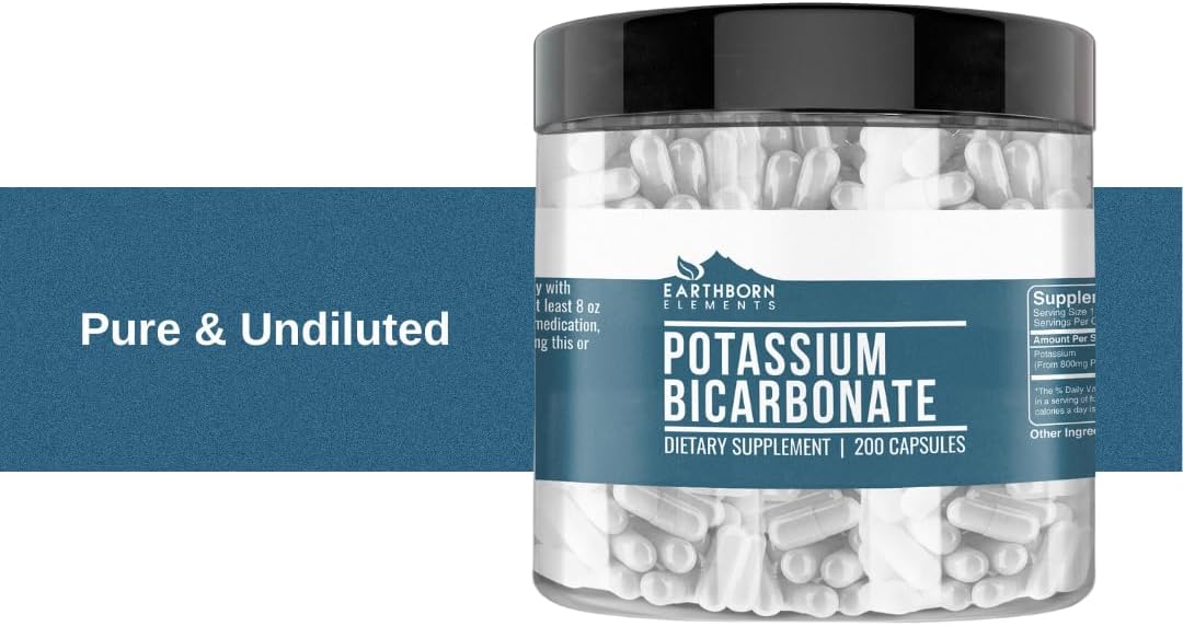 200 Pure & Undiluted Potassium Bicarbonate Capsules by Earthborn Elements - No Additives Included