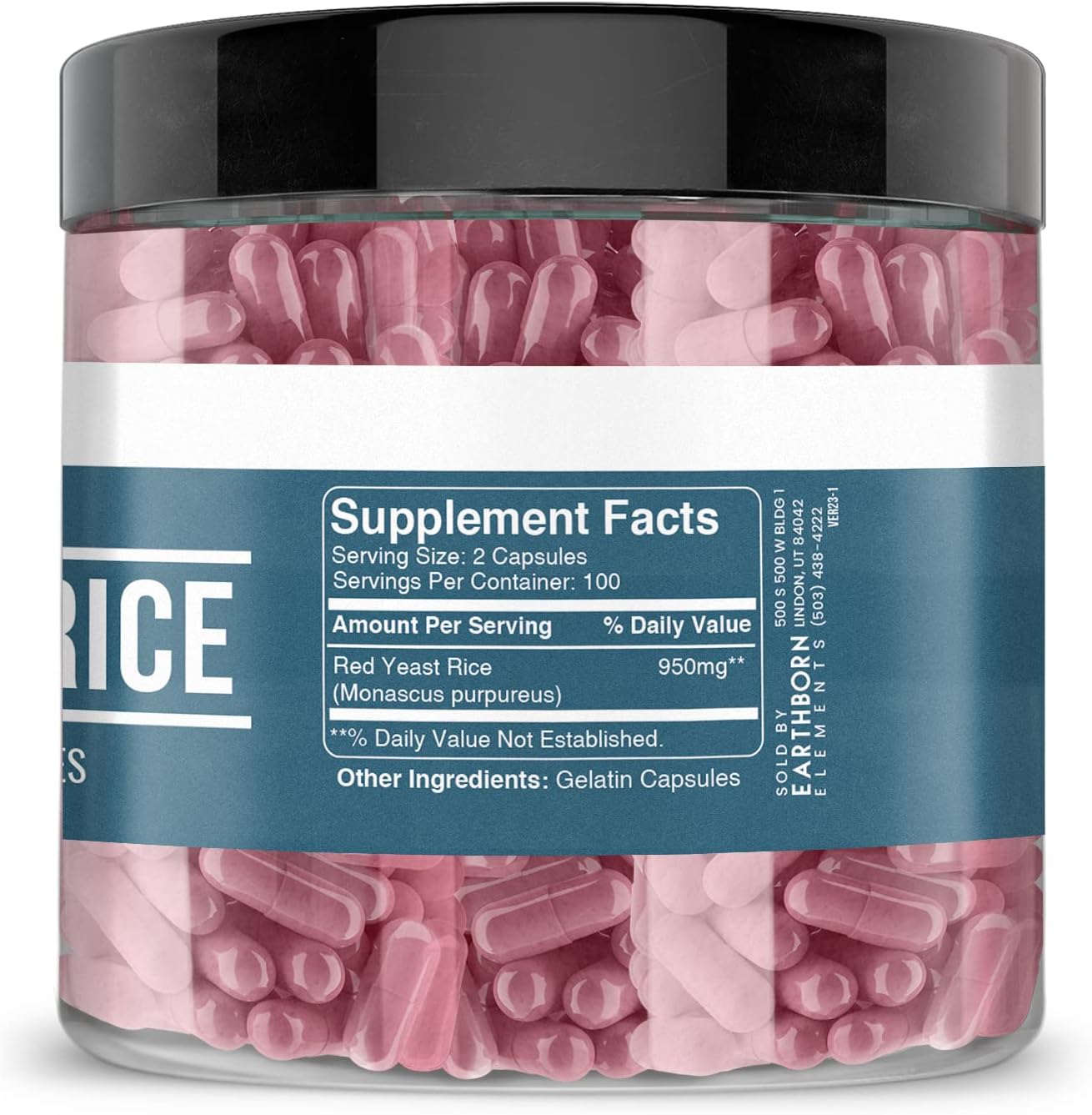 200 Pure & Undiluted Red Yeast Rice Capsules by Earthborn Elements - No Additives