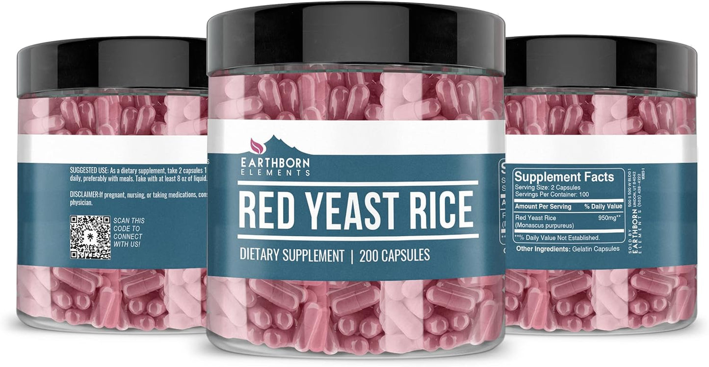 200 Pure & Undiluted Red Yeast Rice Capsules by Earthborn Elements - No Additives