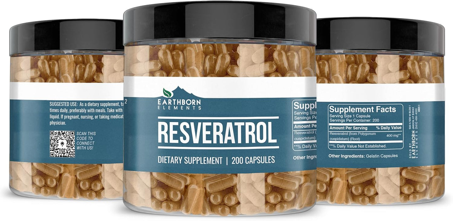 200 Pure & Undiluted Resveratrol Capsules by Earthborn Elements - Additive-Free Formula