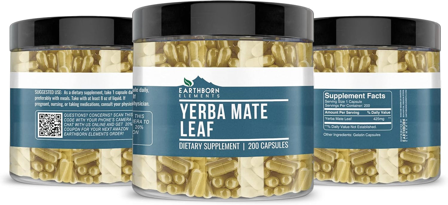 200 Pure & Undiluted Yerba Mate Leaf Capsules by Earthborn Elements, Additive-Free