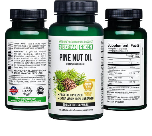 200 Softgel Siberian Green Pine Nut Oil Capsules - Wild Harvested from Siberia's Altai Region, Cold Pressed and Unrefined