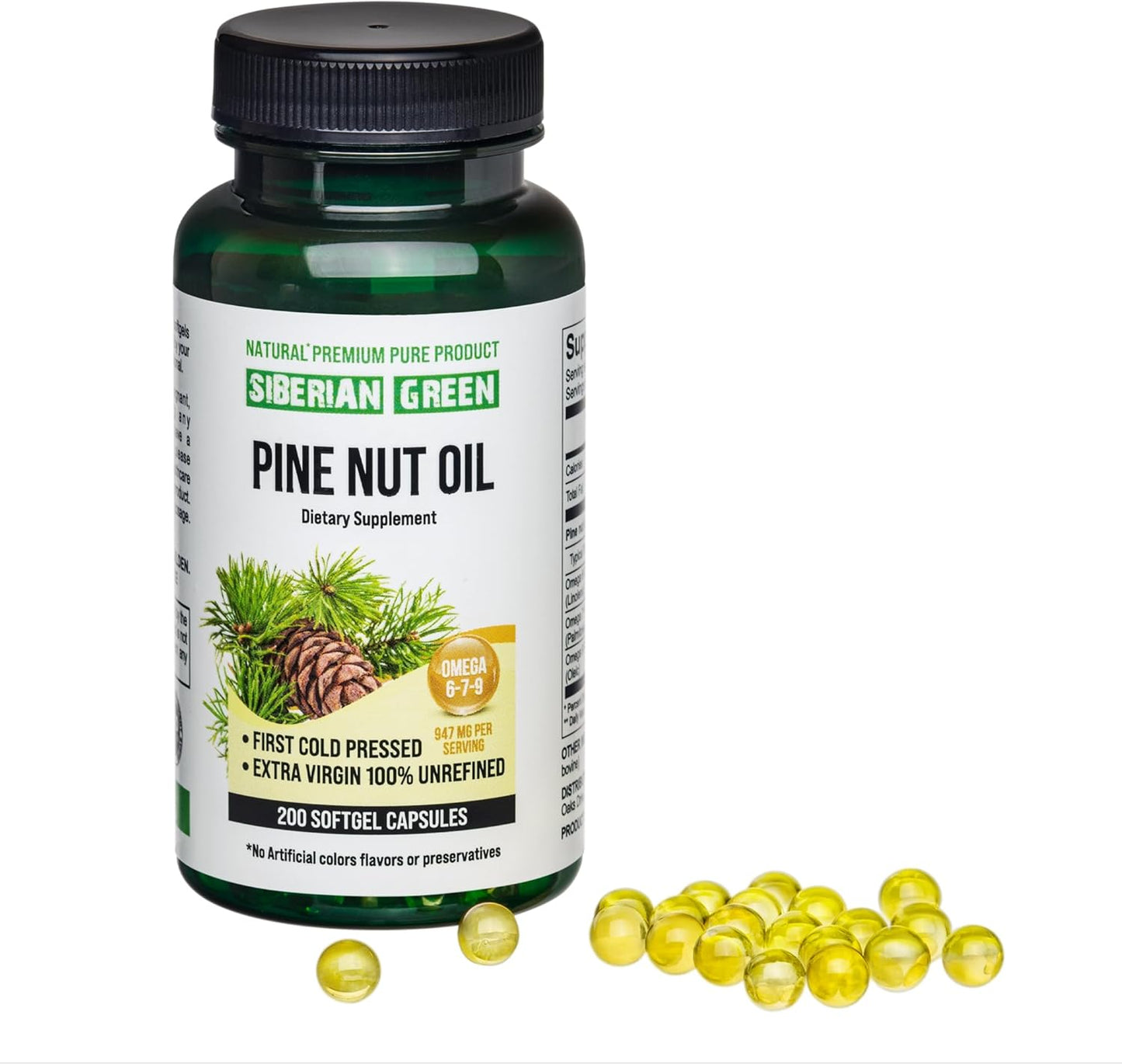 200 Softgel Siberian Green Pine Nut Oil Capsules - Wild Harvested from Siberia's Altai Region, Cold Pressed and Unrefined
