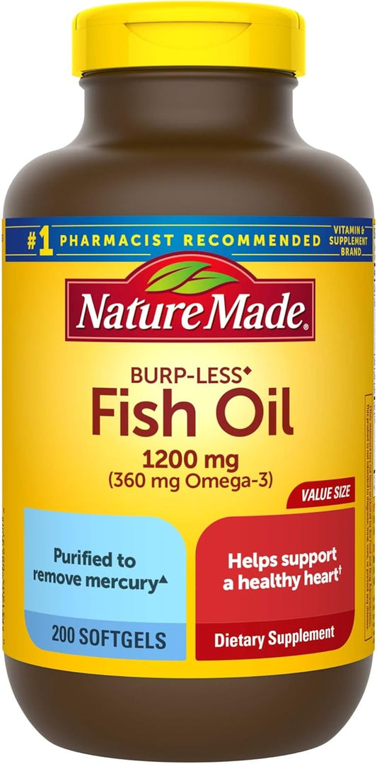 200 Softgels Nature Made Burp-Less Fish Oil 1200 mg Supplement, Omega 3 for Heart Health