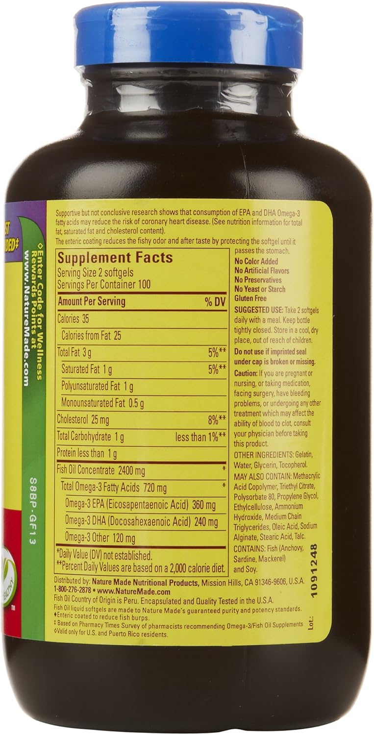 200 Softgels Nature Made Burp-Less Fish Oil 1200 mg Supplement, Omega 3 for Heart Health