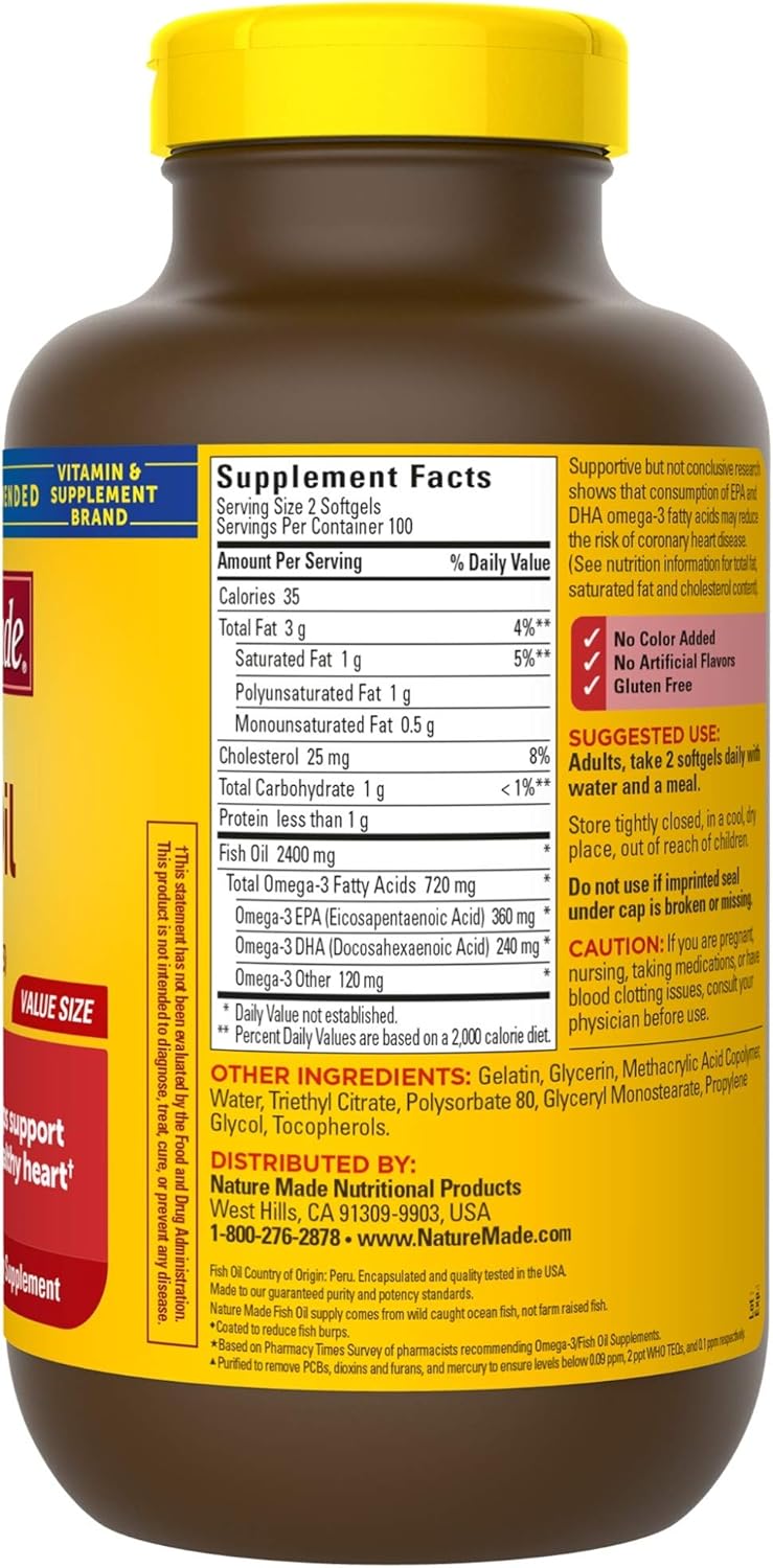 200 Softgels Nature Made Burp-Less Fish Oil 1200 mg Supplement, Omega 3 for Heart Health