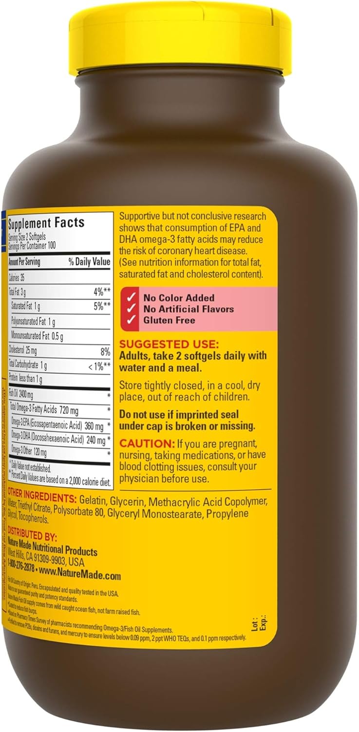 200 Softgels Nature Made Burp-Less Fish Oil 1200 mg Supplement, Omega 3 for Heart Health