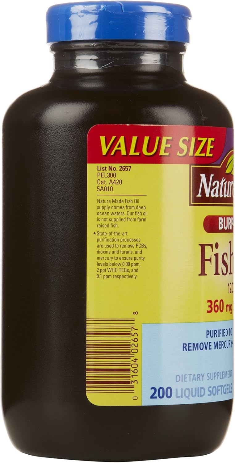 200 Softgels Nature Made Burp-Less Fish Oil 1200 mg Supplement, Omega 3 for Heart Health
