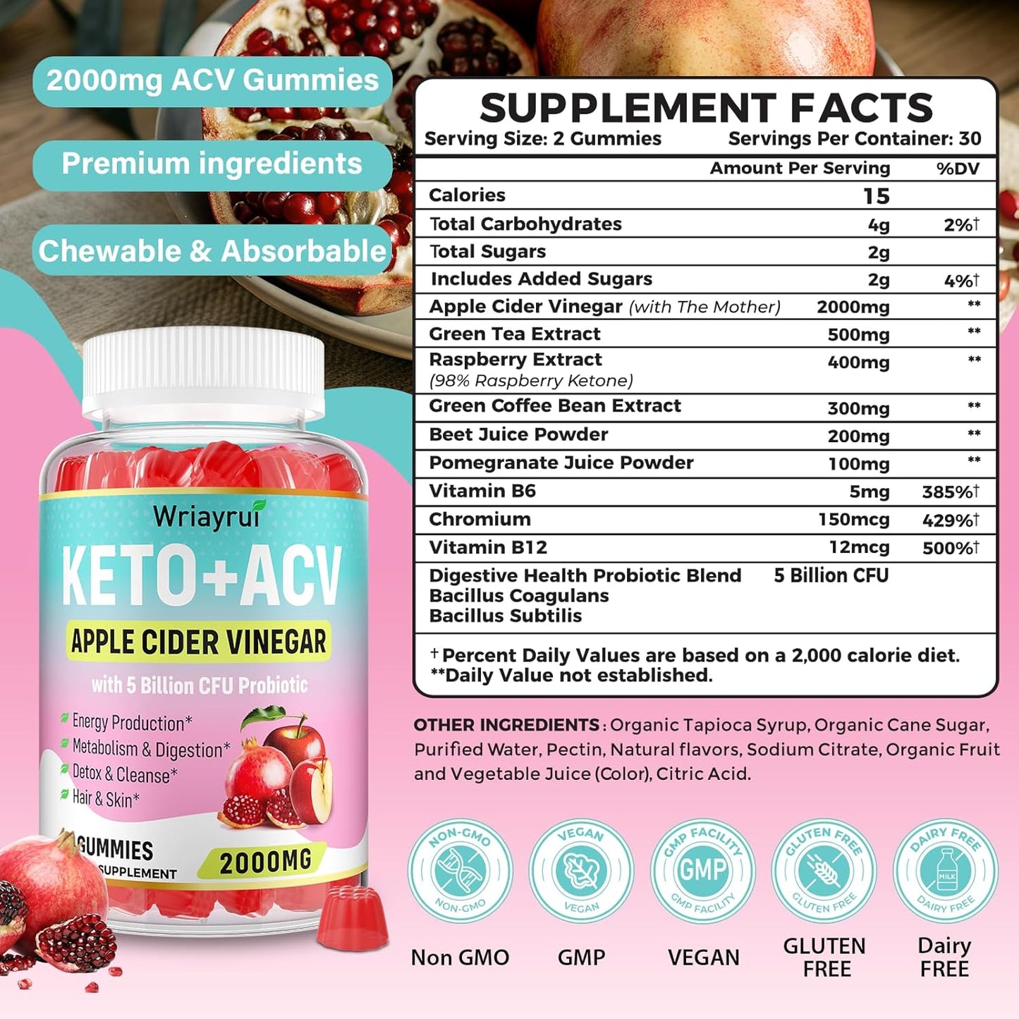 2000mg Apple Cider Vinegar Gummies with Probiotics & Vitamin B12 for Metabolism & Digestion - 120 Vegan-Friendly, Sugar-Free Gummies