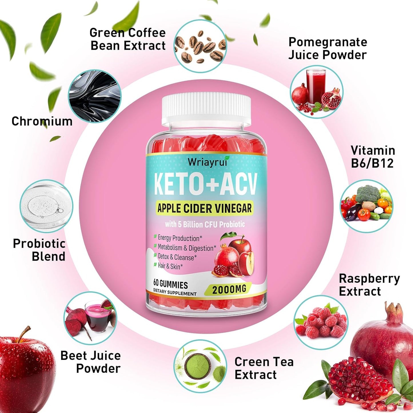 2000mg Apple Cider Vinegar Gummies with Probiotics & Vitamin B12 for Metabolism & Digestion - 120 Vegan-Friendly, Sugar-Free Gummies
