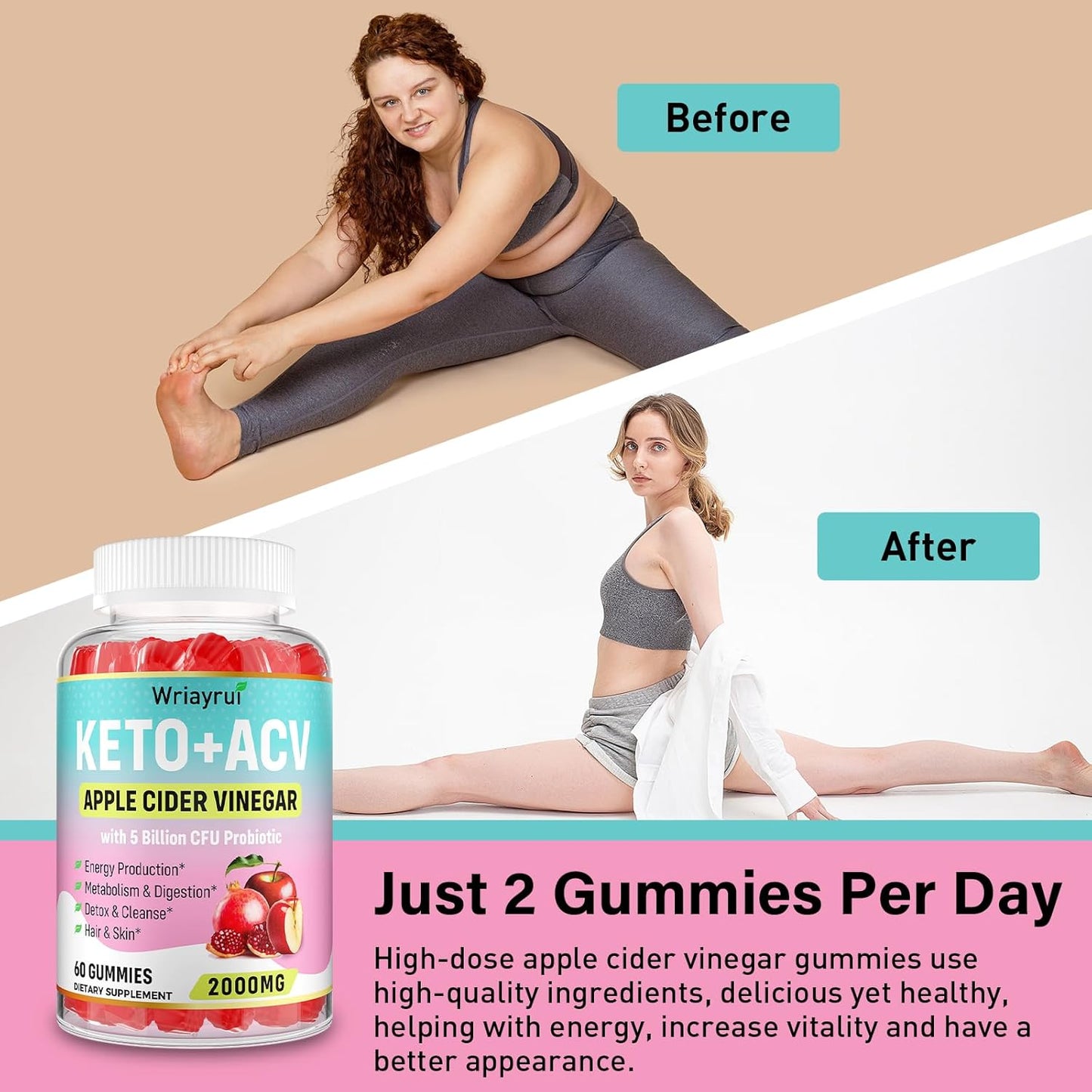 2000mg Apple Cider Vinegar Gummies with Probiotics & Vitamin B12 for Metabolism & Digestion - 120 Vegan-Friendly, Sugar-Free Gummies