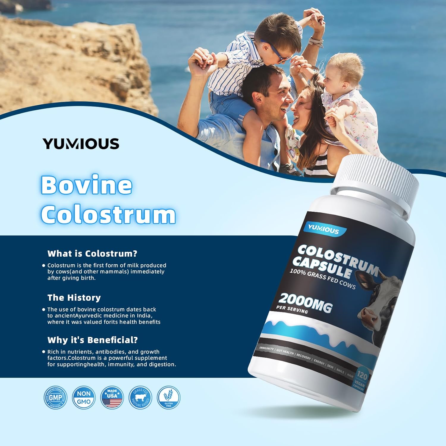 2000mg Bovine Colostrum Capsules: Gut Health, Muscle Recovery, Energy, Hair, Skin, Immune Support - 50% IgG Cow Colostrum Supplement - Superfood, Gluten Free - 120 Capsules