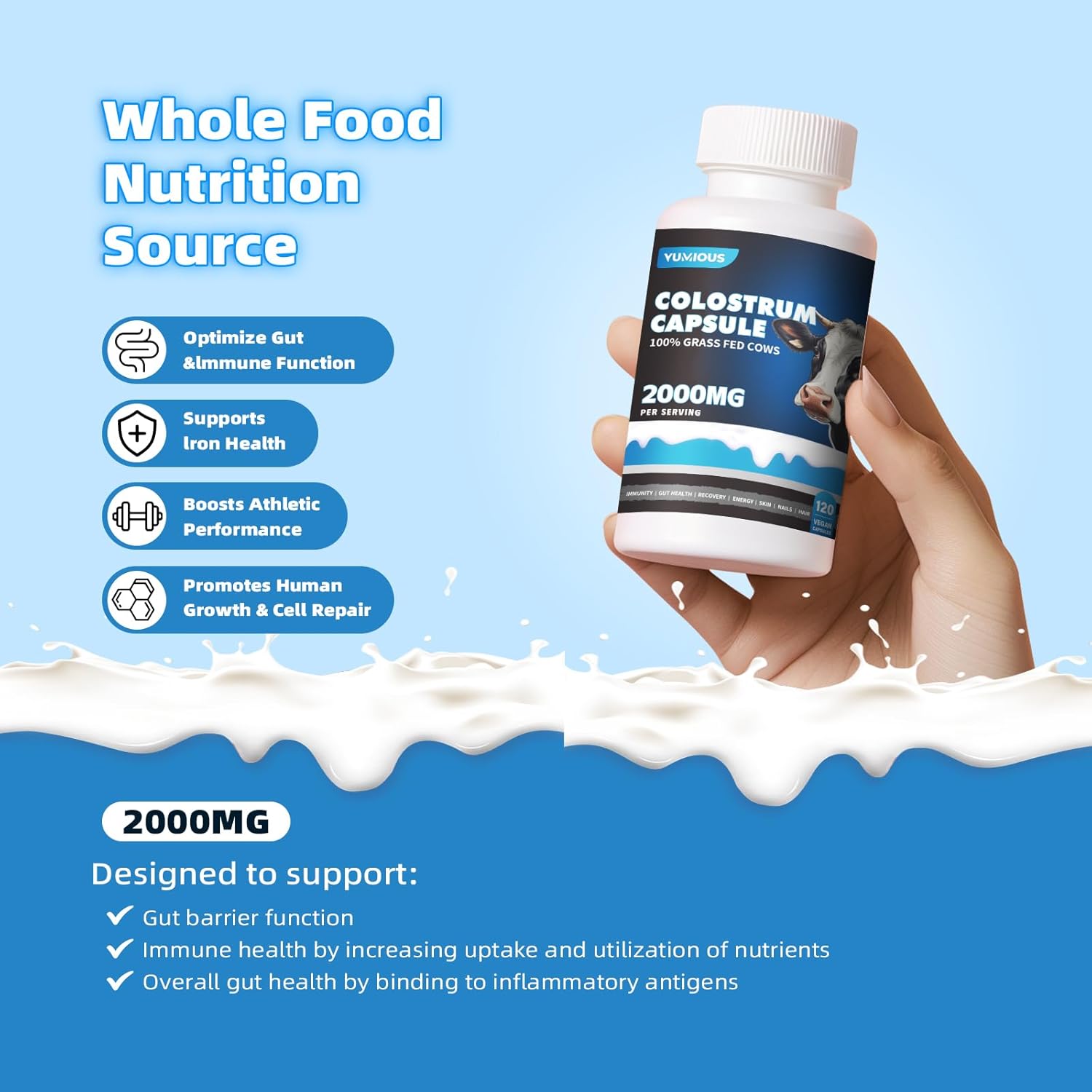 2000mg Bovine Colostrum Capsules: Gut Health, Muscle Recovery, Energy, Hair, Skin, Immune Support - 50% IgG Cow Colostrum Supplement - Superfood, Gluten Free - 120 Capsules