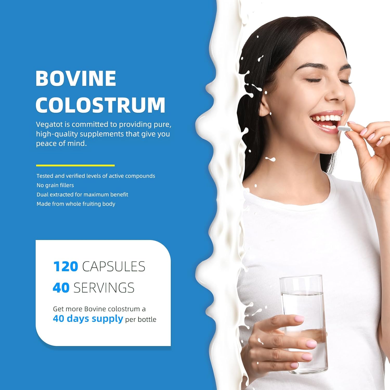 2000mg Bovine Colostrum Capsules: Gut Health, Muscle Recovery, Energy, Hair, Skin, Immune Support - 50% IgG Cow Colostrum Supplement - Superfood, Gluten Free - 120 Capsules
