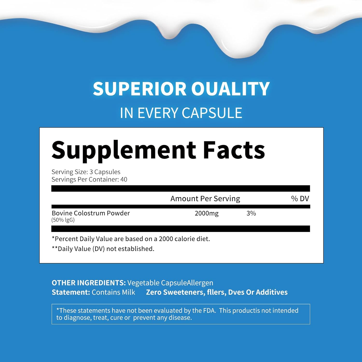 2000mg Bovine Colostrum Capsules: Gut Health, Muscle Recovery, Energy, Hair, Skin, Immune Support - 50% IgG Cow Colostrum Supplement - Superfood, Gluten Free - 120 Capsules