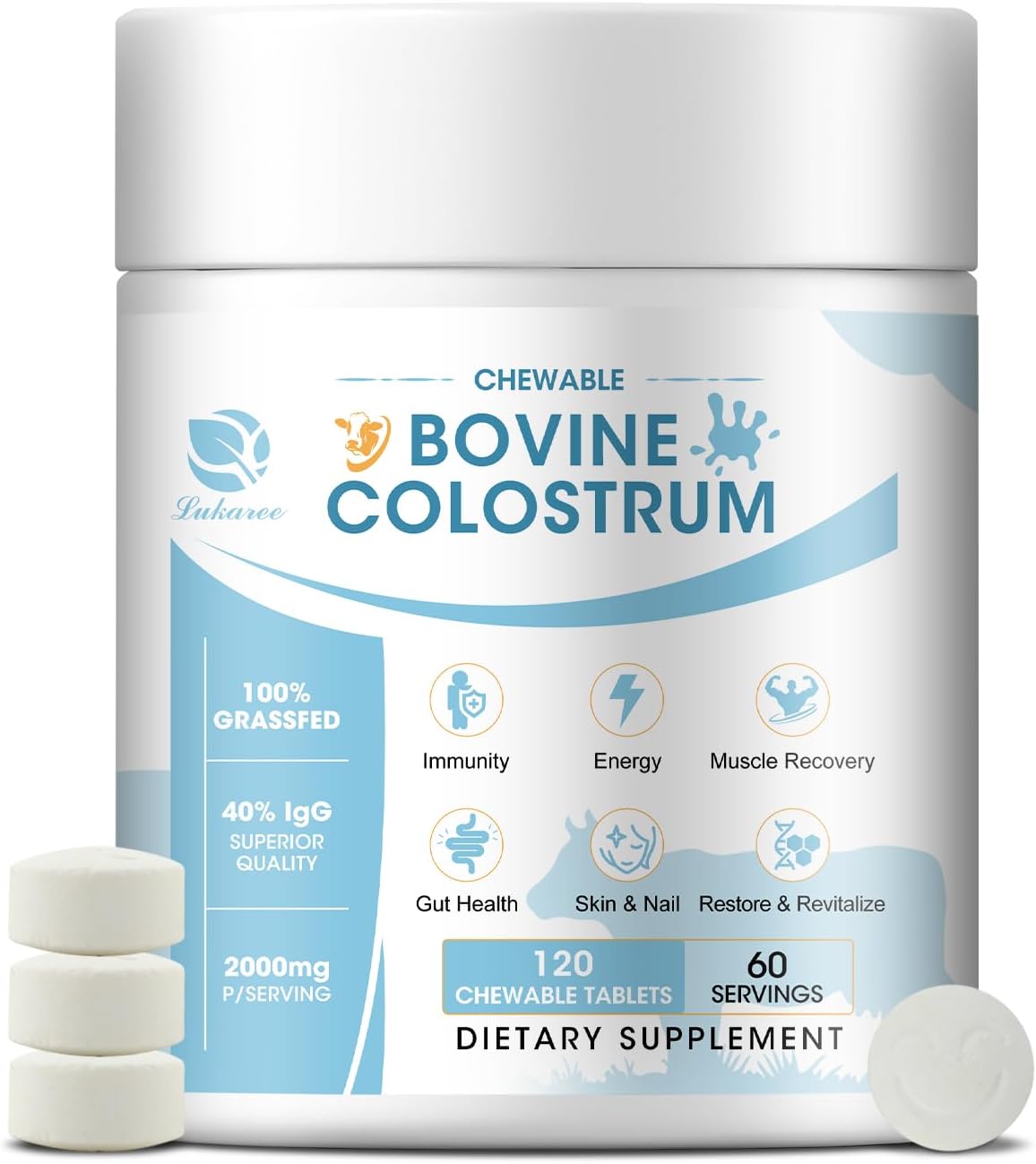 2000mg Bovine Colostrum Chewable Tablets - Gut Health and Immune Support Supplement with 40% lgG - Non-GMO, Gluten-Free, Sugar Free - 60 Servings