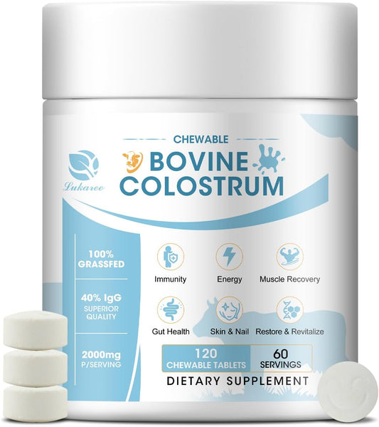 2000mg Bovine Colostrum Chewable Tablets - Gut Health and Immune Support Supplement with 40% lgG - Non-GMO, Gluten-Free, Sugar Free - 60 Servings