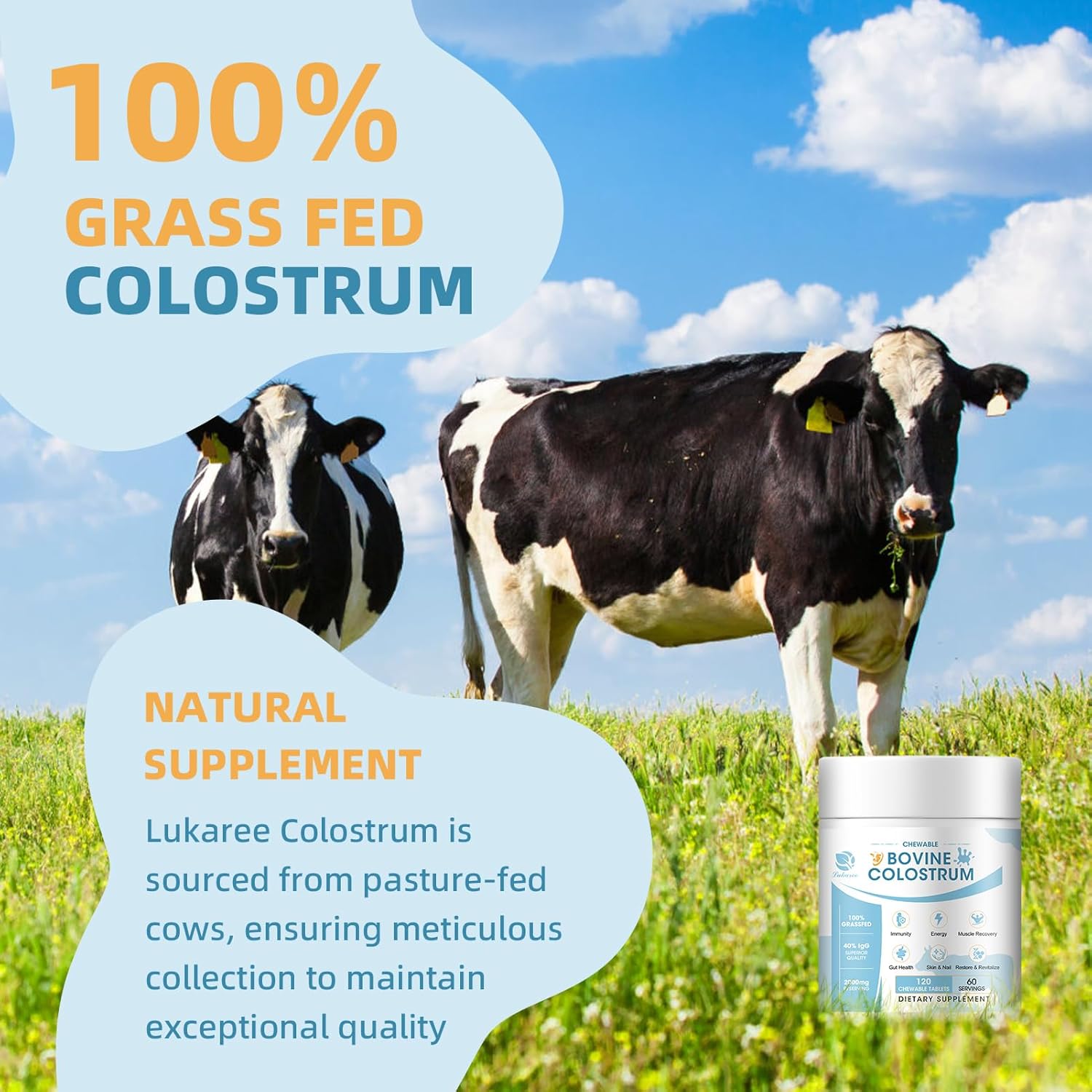 2000mg Bovine Colostrum Chewable Tablets - Gut Health and Immune Support Supplement with 40% lgG - Non-GMO, Gluten-Free, Sugar Free - 60 Servings