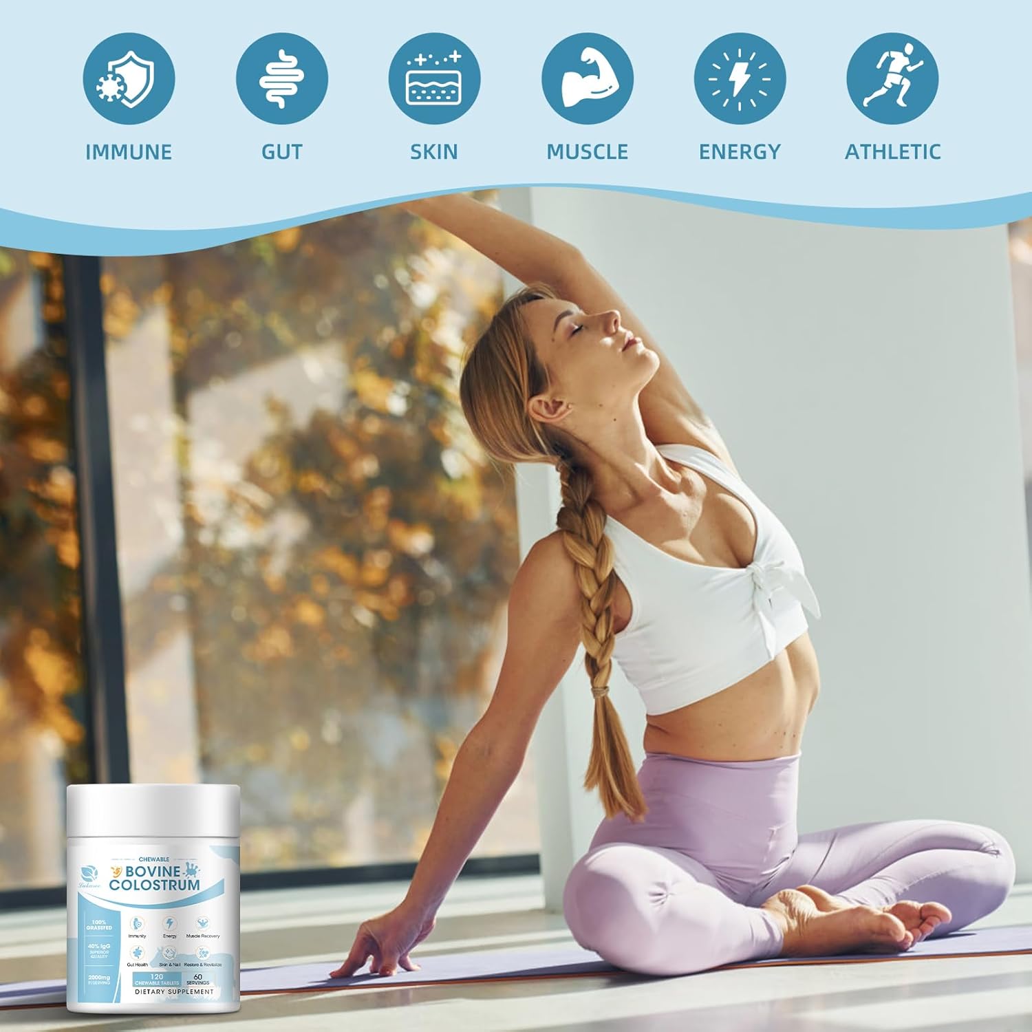 2000mg Bovine Colostrum Chewable Tablets - Gut Health and Immune Support Supplement with 40% lgG - Non-GMO, Gluten-Free, Sugar Free - 60 Servings